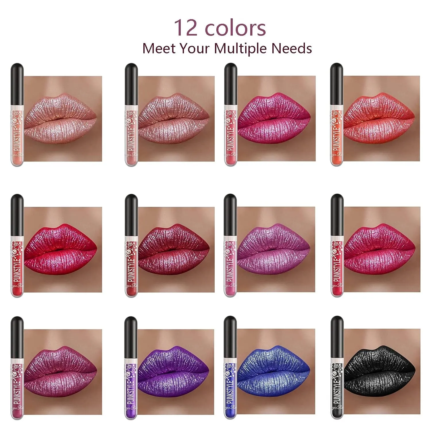 12-Piece Waterproof Glitter Lip Gloss Collection - Metallic Liquid Lipstick Set for All-Day Shine