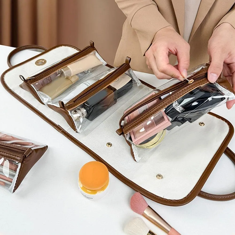 2PCS Leather Waterproof Cosmetic Bag, Detachable 4 in 1 Travel Toiletry Bag for Women, Portable Hanging Organizer for Brushes Set, Makeup Accessories