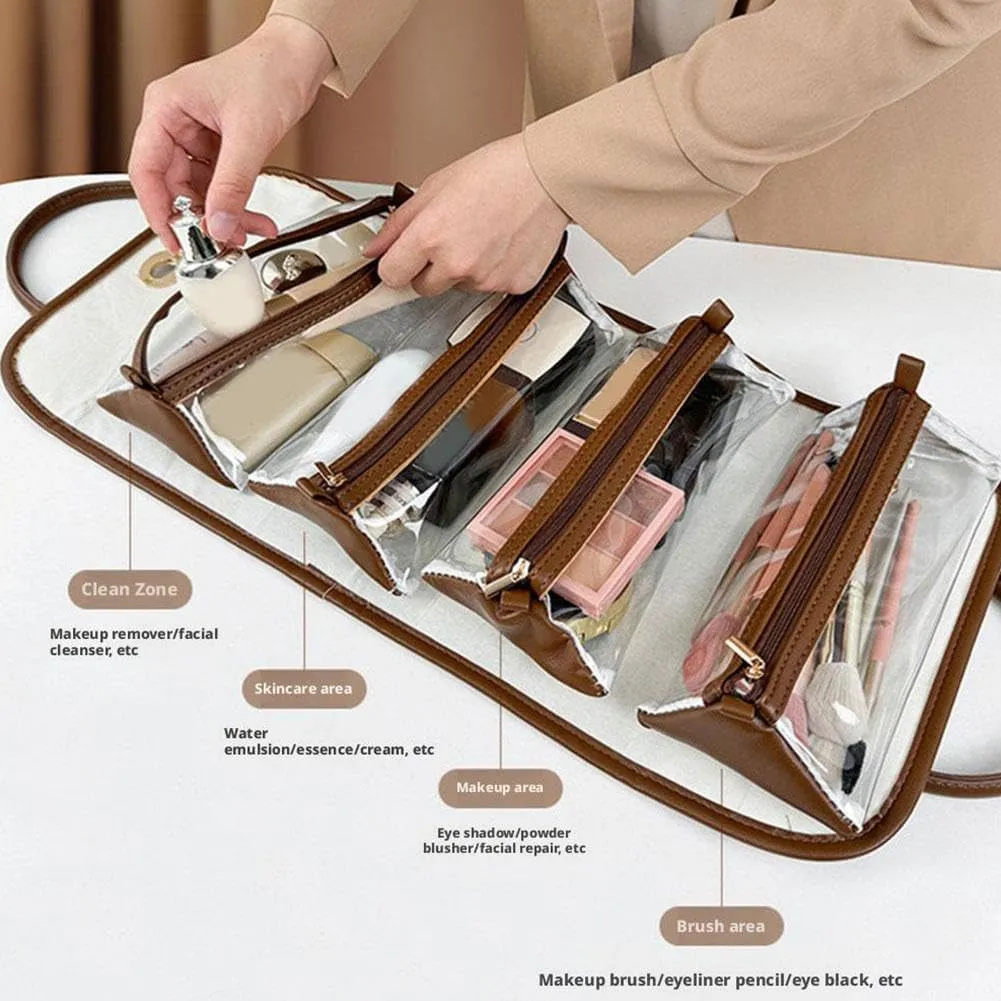 2PCS Leather Waterproof Cosmetic Bag, Detachable 4 in 1 Travel Toiletry Bag for Women, Portable Hanging Organizer for Brushes Set, Makeup Accessories