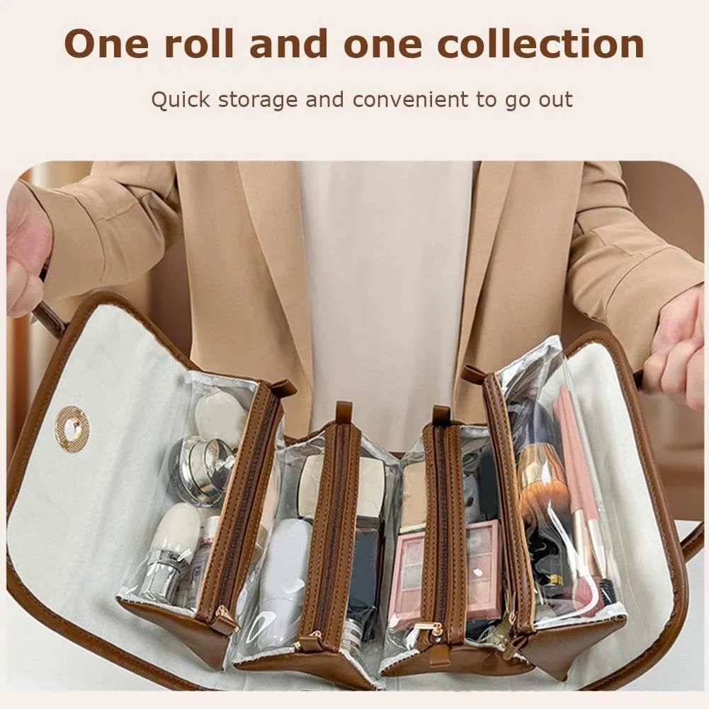 2PCS Leather Waterproof Cosmetic Bag, Detachable 4 in 1 Travel Toiletry Bag for Women, Portable Hanging Organizer for Brushes Set, Makeup Accessories