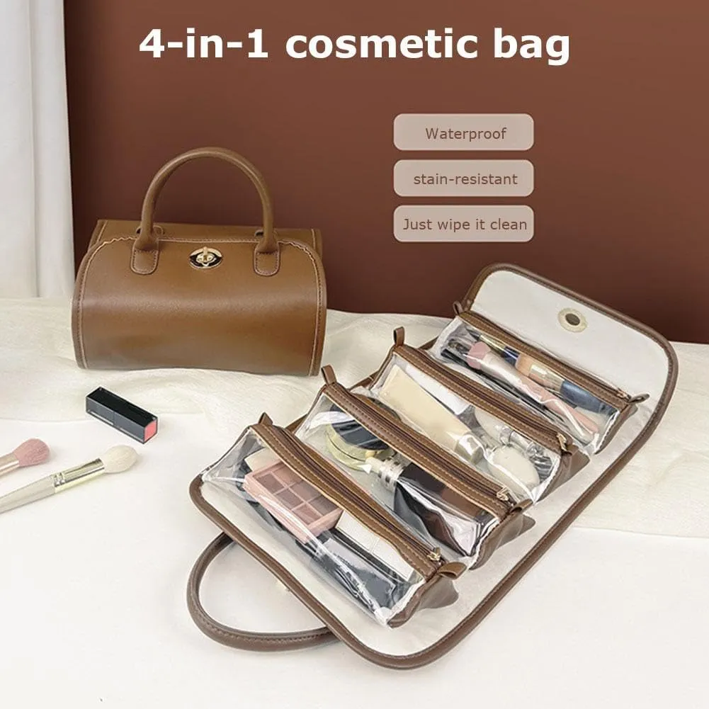 2PCS Leather Waterproof Cosmetic Bag, Detachable 4 in 1 Travel Toiletry Bag for Women, Portable Hanging Organizer for Brushes Set, Makeup Accessories