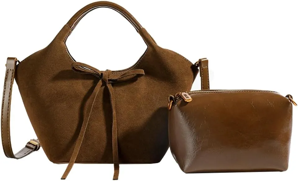 2pcs Suede Tote Shoulder Bags for Women Slouchy Hobo Handbag Vegan Leather Crossbody Purse