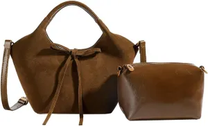 2pcs Suede Tote Shoulder Bags for Women Slouchy Hobo Handbag Vegan Leather Crossbody Purse