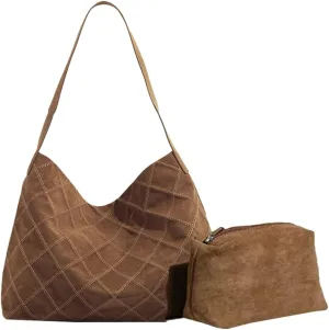 2pcs Women Suede Shoulder Bags Tote Slouchy Hobo Handbag Vegan Leather Brown Purse
