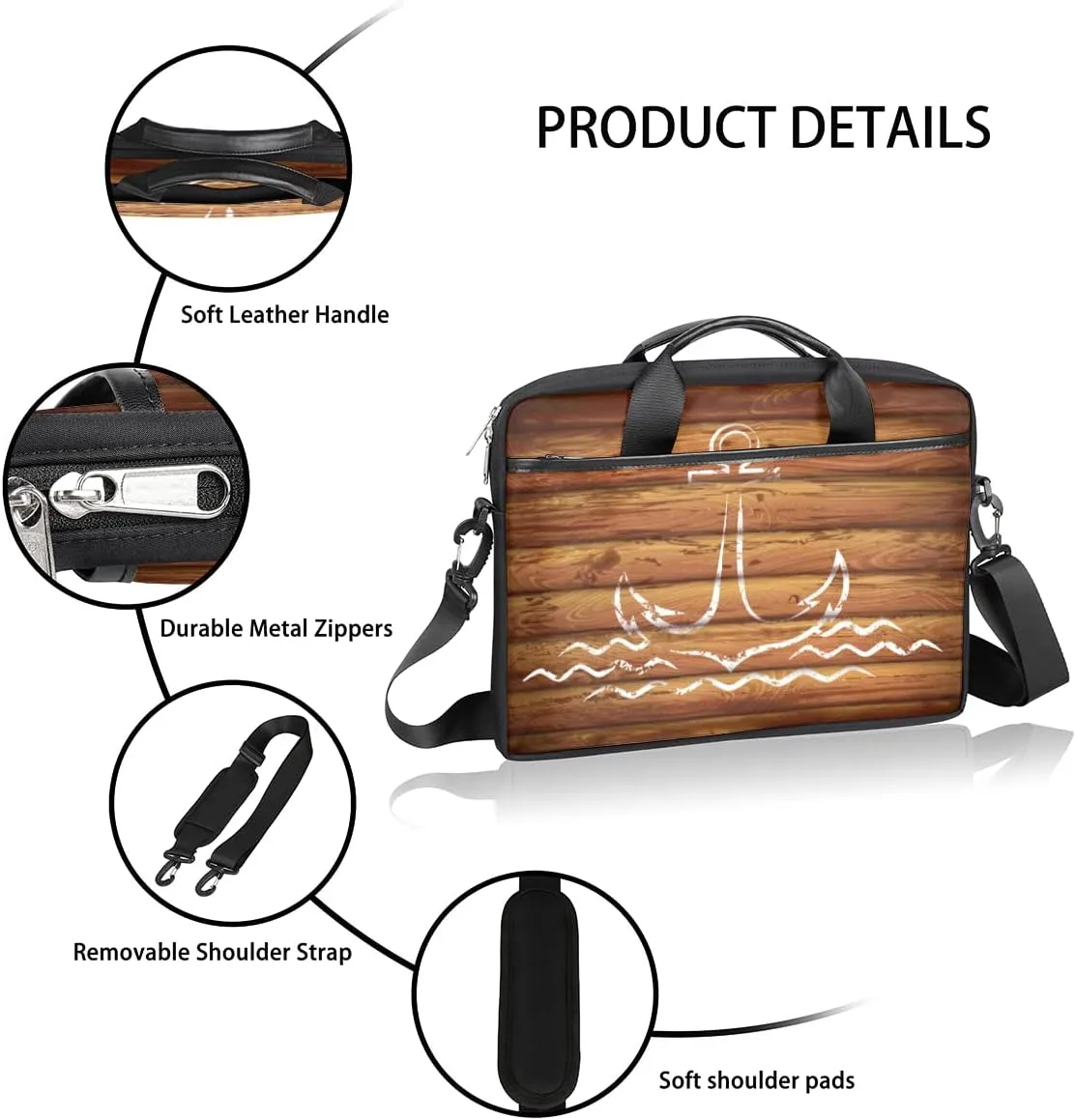 Anchor Emblem Wooden Planks Background Laptop Shoulder Messenger Bag Waterproof Laptop Briefcase Handle Padded Strap