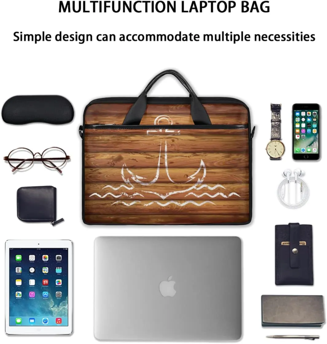 Anchor Emblem Wooden Planks Background Laptop Shoulder Messenger Bag Waterproof Laptop Briefcase Handle Padded Strap
