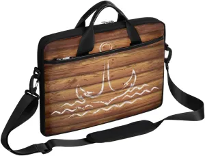 Anchor Emblem Wooden Planks Background Laptop Shoulder Messenger Bag Waterproof Laptop Briefcase Handle Padded Strap