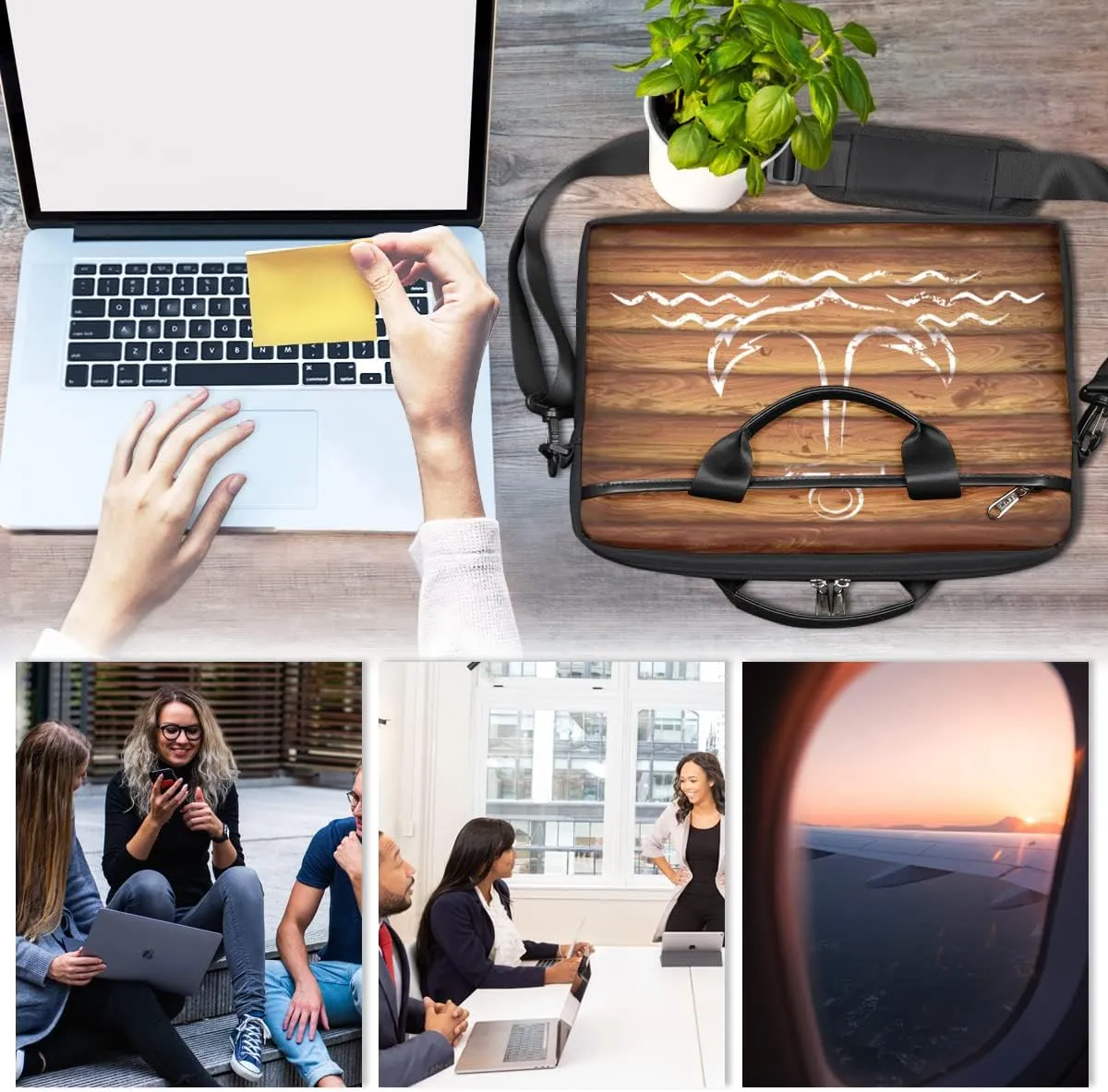 Anchor Emblem Wooden Planks Background Laptop Shoulder Messenger Bag Waterproof Laptop Briefcase Handle Padded Strap