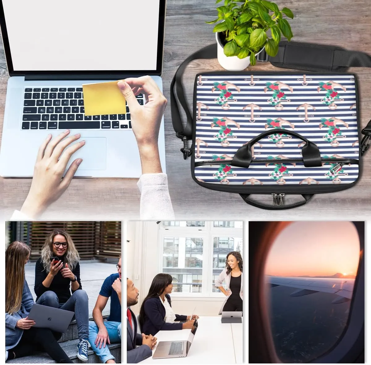 Anchor Emblem Wooden Planks Background Laptop Shoulder Messenger Bag Waterproof Laptop Briefcase Handle Padded Strap