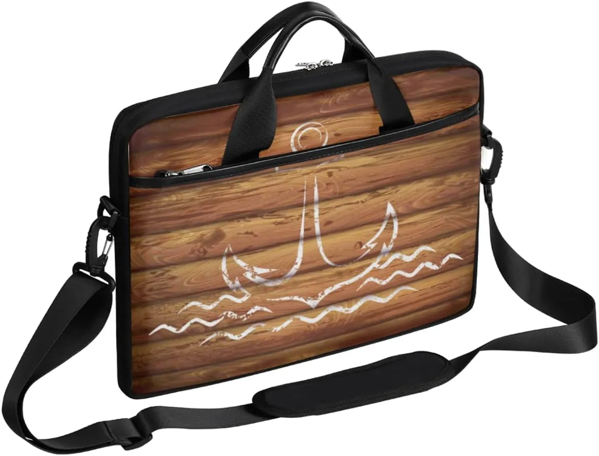 Anchor Emblem Wooden Planks Background Laptop Shoulder Messenger Bag Waterproof Laptop Briefcase Handle Padded Strap