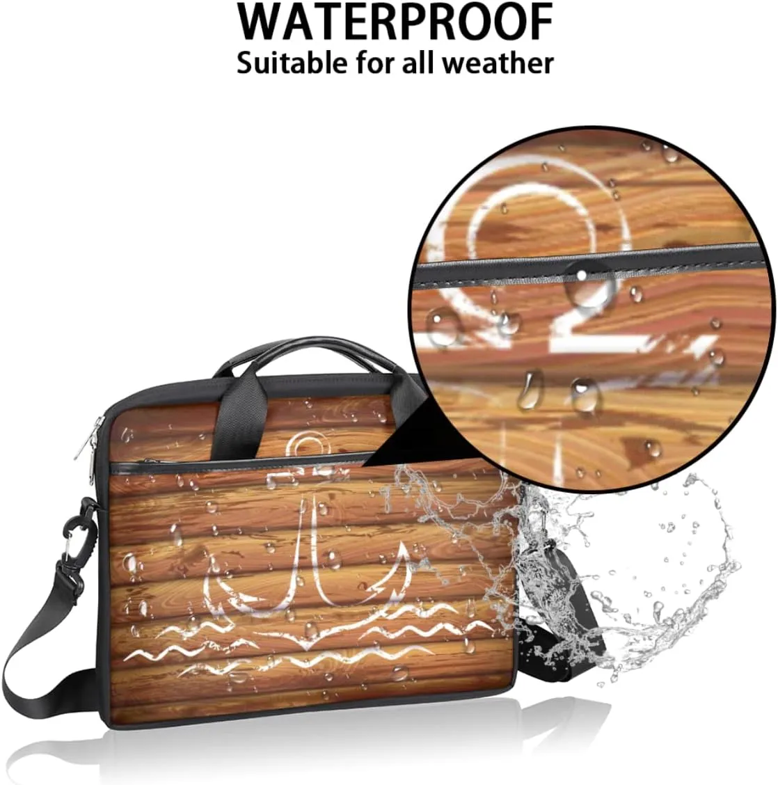 Anchor Emblem Wooden Planks Background Laptop Shoulder Messenger Bag Waterproof Laptop Briefcase Handle Padded Strap