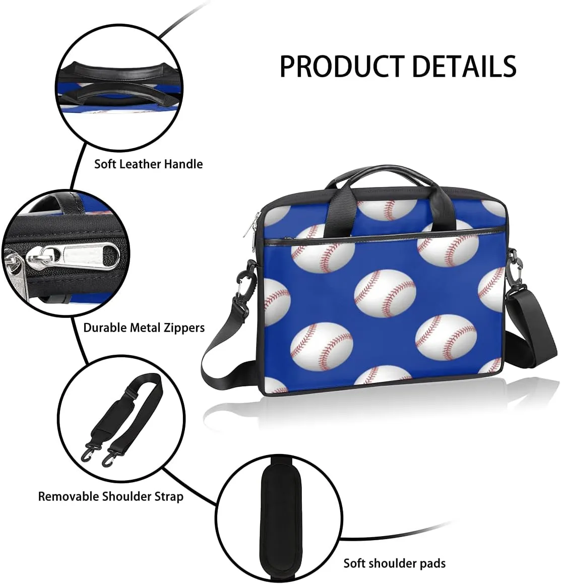 Baseball Ball Print Laptop Shoulder Messenger Bag Waterproof Laptop Briefcase with Handle and Padded Strap Case Sleeve
