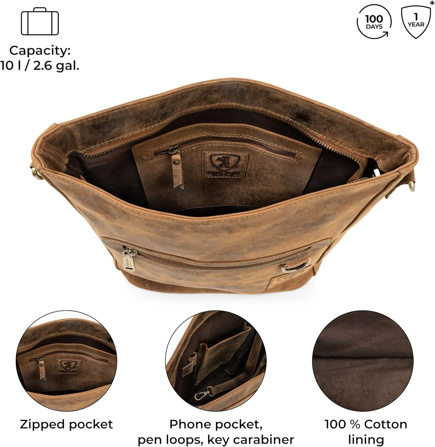 BERLINER BAGS Vintage Genuine Leather Shoulder Bag Siena, Handbag, Crossbody Bag for Women