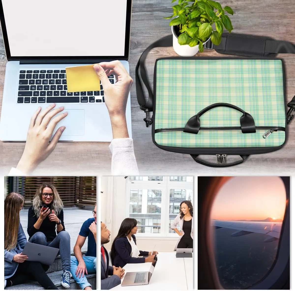 Blue Buffalo Plaid Laptop Shoulder Messenger Bag Waterproof Laptop Briefcase Handle Padded Strap