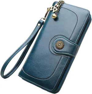 Blue Purse for Women Waxed Leather Clutch Handbag Zipper Wallet Multi-card Slots