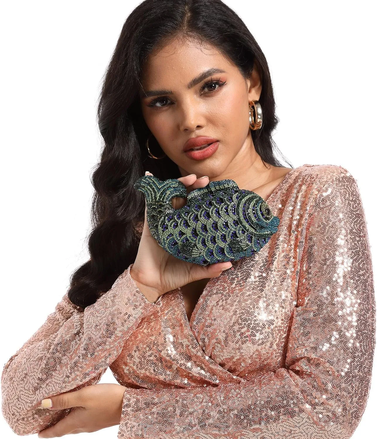 Boutique De FGG Fish Rhinestone Clutch Purses for Women Formal Evening Bags Prom Purse Wedding Party Crystal Clutch Bag,Mini