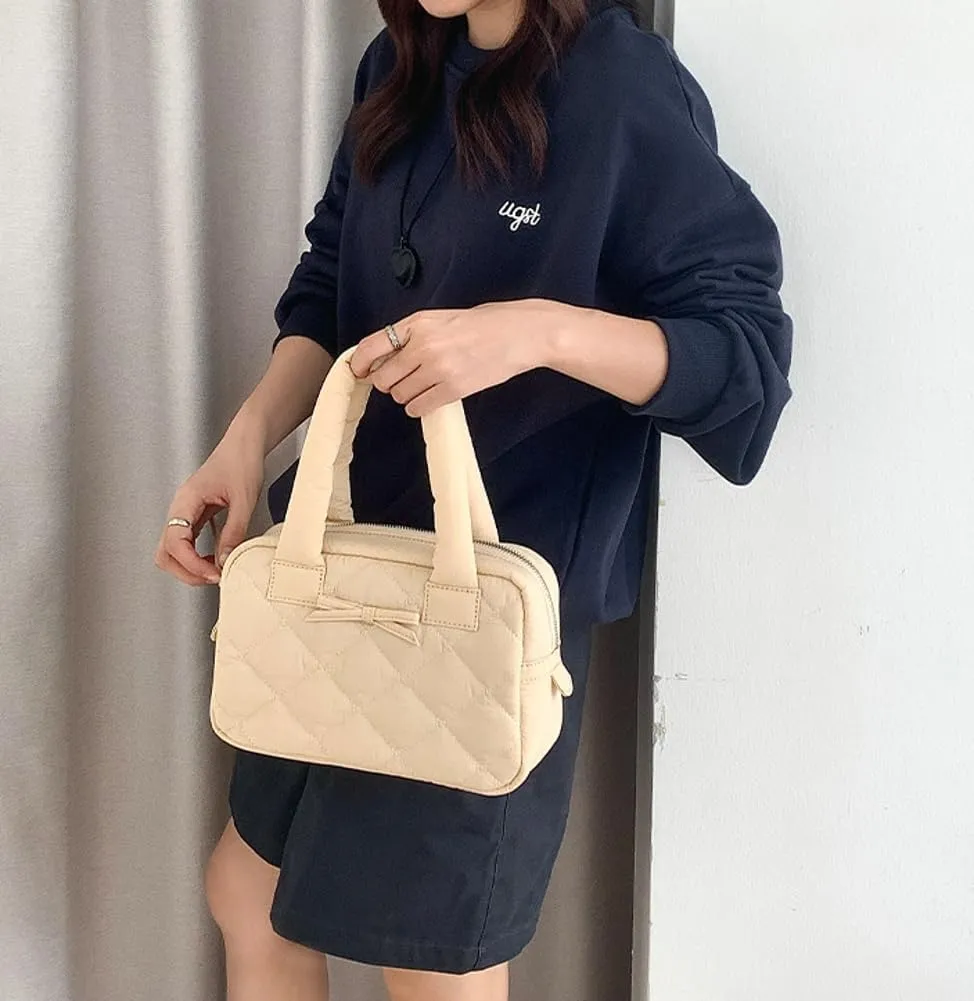 Bow Tie Purses for Women Puffer Boston Bag Quilted Handbags for Women Lightweight Padding Clutch Purse Bowknot Cloud Bag