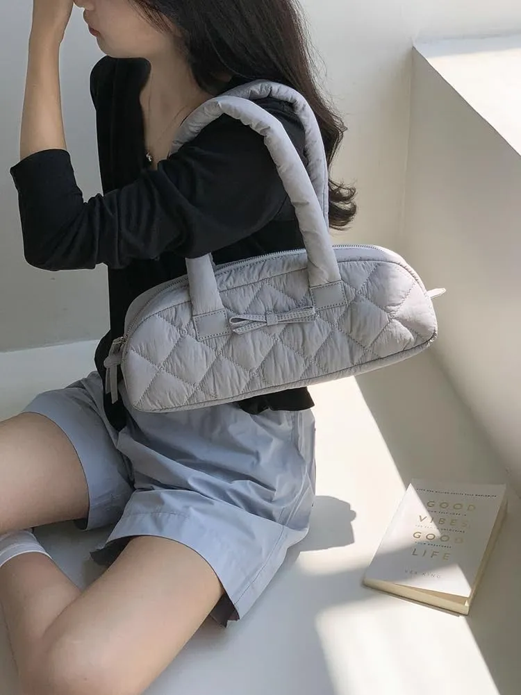 Bow Tie Purses for Women Puffer Boston Bag Quilted Handbags for Women Lightweight Padding Clutch Purse Bowknot Cloud Bag