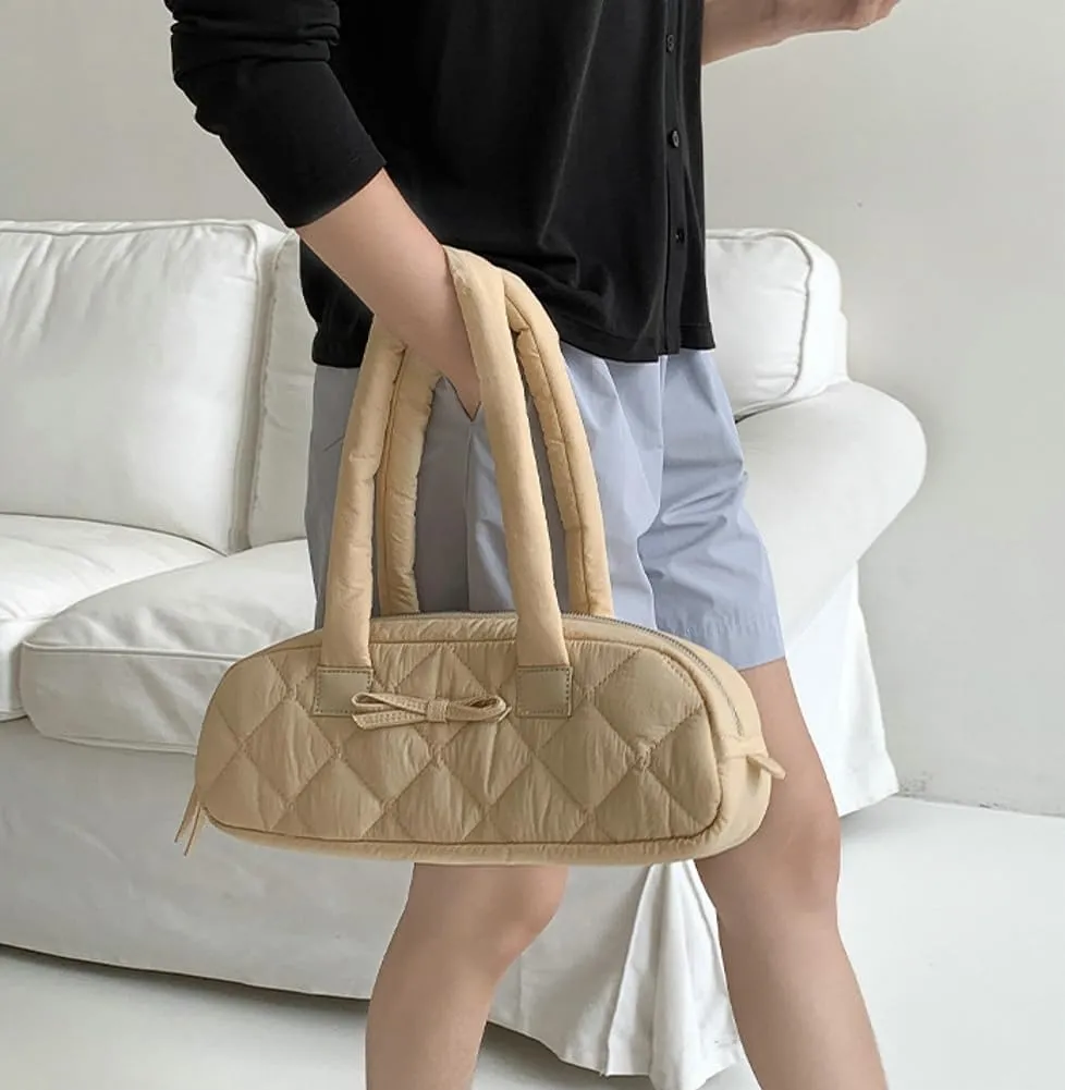Bow Tie Purses for Women Puffer Boston Bag Quilted Handbags for Women Lightweight Padding Clutch Purse Bowknot Cloud Bag