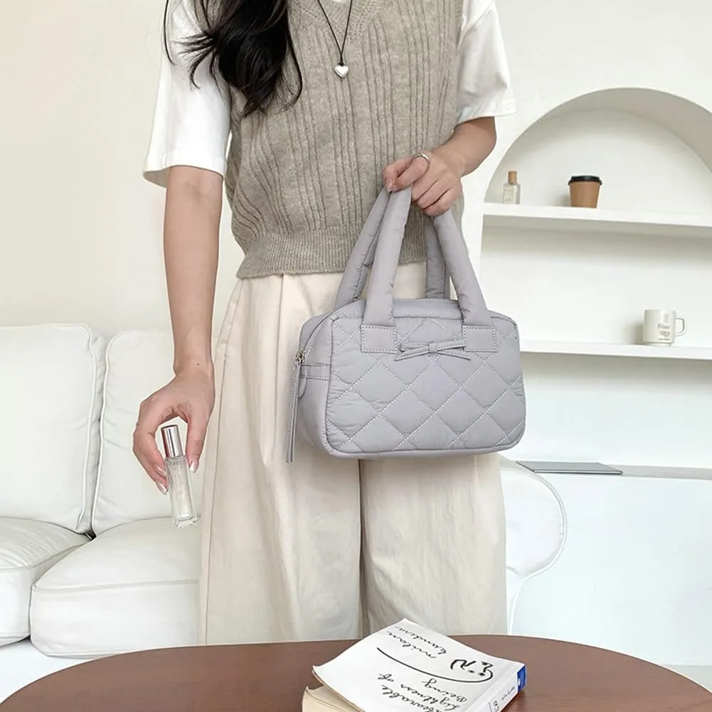 Bow Tie Purses for Women Puffer Boston Bag Quilted Handbags for Women Lightweight Padding Clutch Purse Bowknot Cloud Bag
