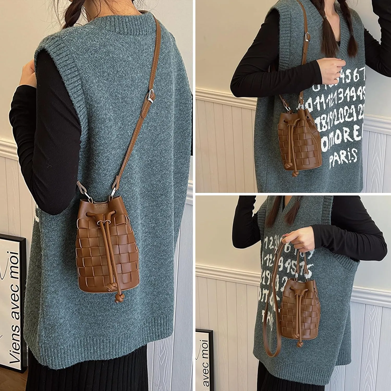 Bucket Purses for Women Mini Leather Woven Bucket Bag Drawstring Purse Hobo Crossbody Bucket Handbags