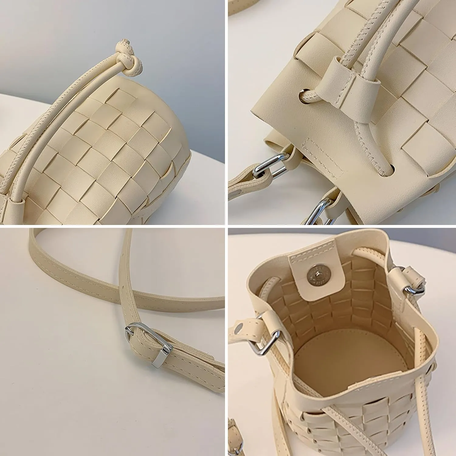 Bucket Purses for Women Mini Leather Woven Bucket Bag Drawstring Purse Hobo Crossbody Bucket Handbags