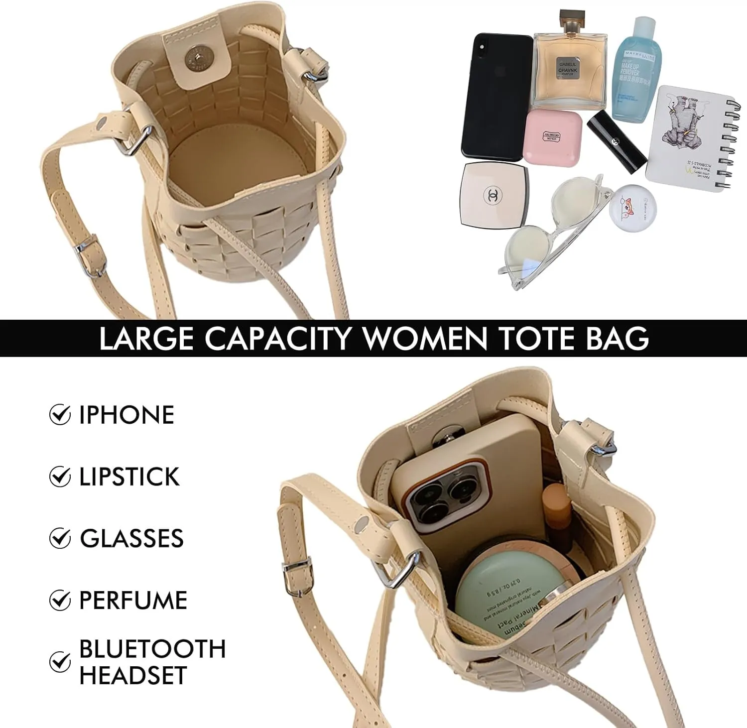 Bucket Purses for Women Mini Leather Woven Bucket Bag Drawstring Purse Hobo Crossbody Bucket Handbags