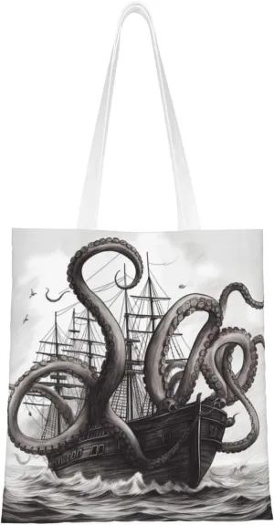 Canvas Tote Bag Aesthetic for Women Black and White Octopus and Ship Shopping Bags Large Tote Shoulder Bag Reusable Grocery Bags Hobo Bags Casual Handbags Cute Cloth Bags Birthday Gifts