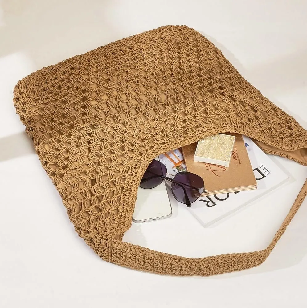 Casual Woven Straw Shoulder & Large Bucket Hobo Tote Handbags for Women Top Handle Purse
