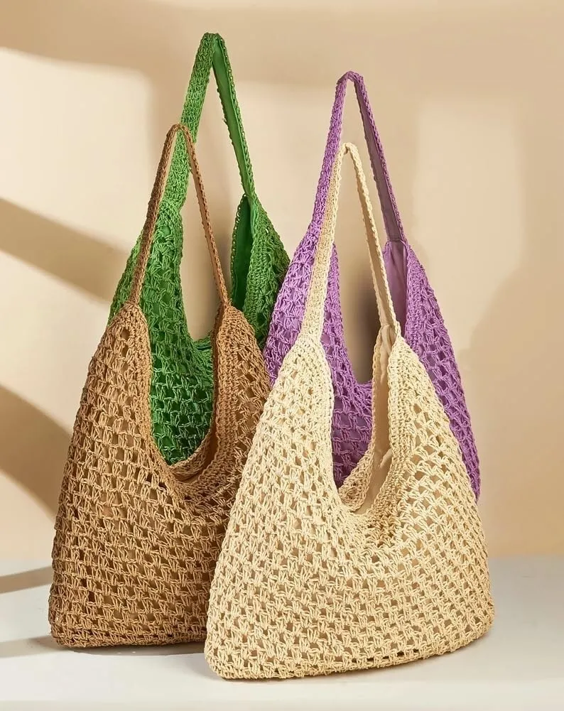 Casual Woven Straw Shoulder & Large Bucket Hobo Tote Handbags for Women Top Handle Purse