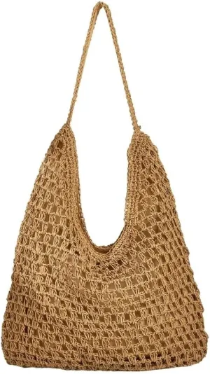 Casual Woven Straw Shoulder & Large Bucket Hobo Tote Handbags for Women Top Handle Purse