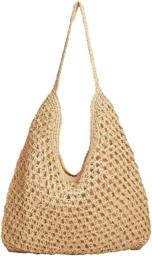 Casual Woven Straw Shoulder & Large Bucket Hobo Tote Handbags for Women Top Handle Purse
