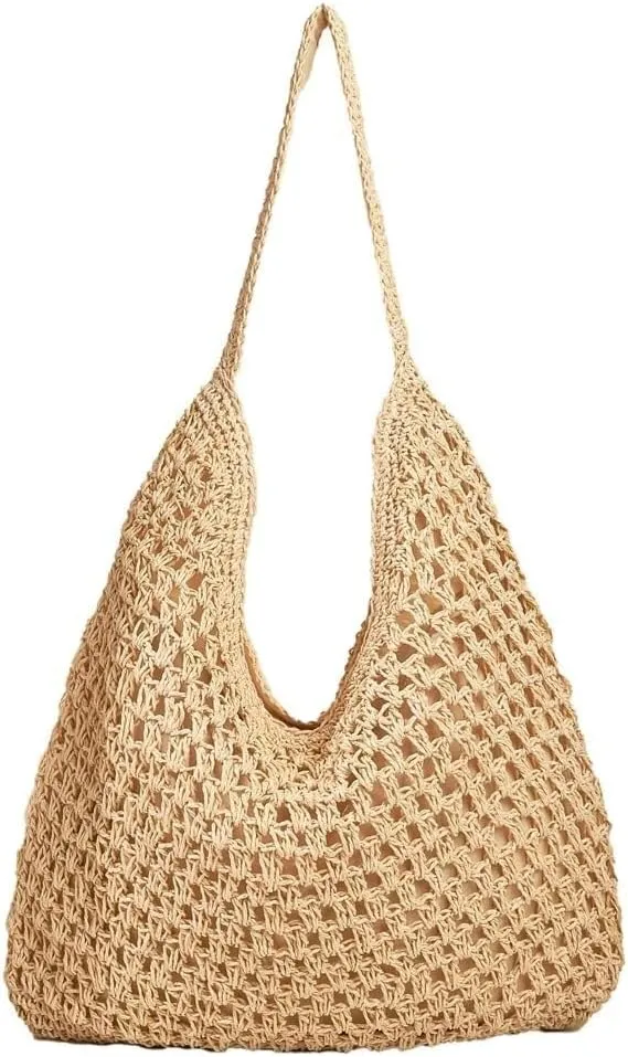 Casual Woven Straw Shoulder & Large Bucket Hobo Tote Handbags for Women Top Handle Purse