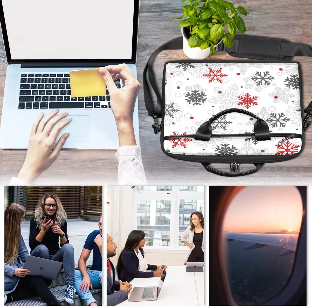 Christmas Winter White Snowflakes Laptop Shoulder Messenger Bag Waterproof Laptop Briefcase