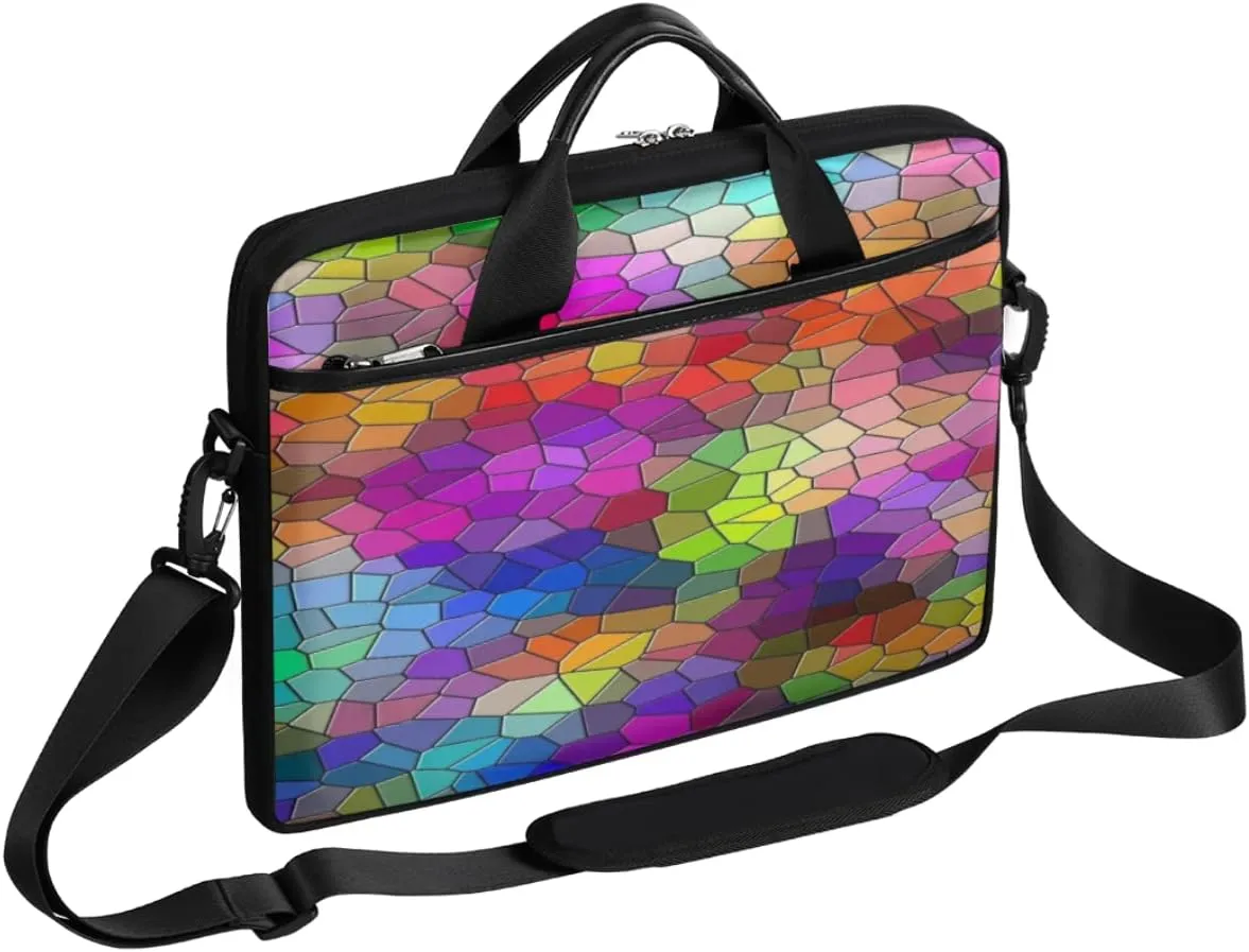 Colorful Geometric Block Laptop Shoulder Messenger Bag Waterproof Laptop Briefcase with Handle and Padded Strap Case Sleeve for 13 13.3 14 15.6 Inch Laptop Case