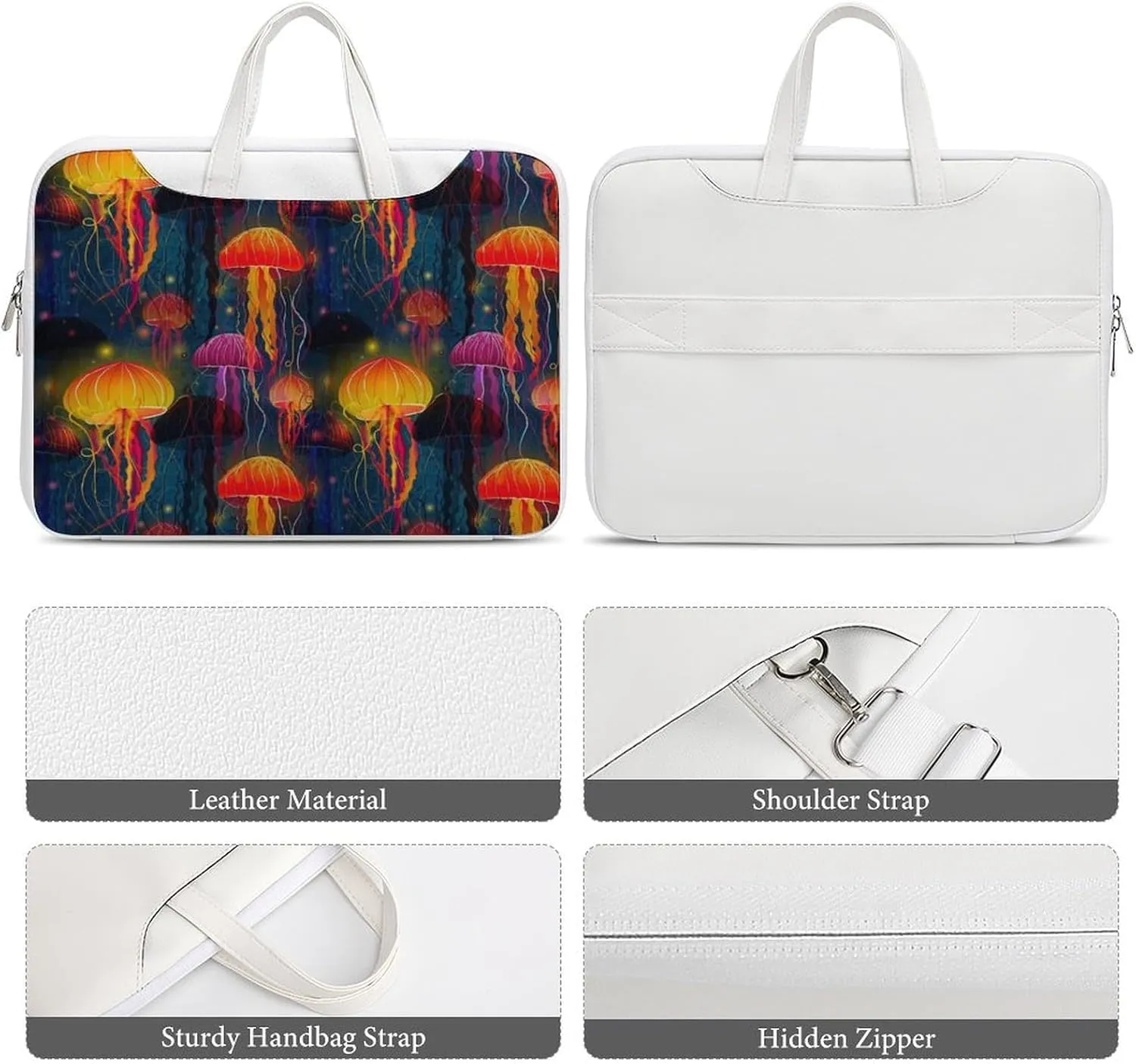 Colorful Jellyfish Pattern Leather Bag Laptop Case Slim Water Resistant Computer Bags with Handle Briefcase for Work