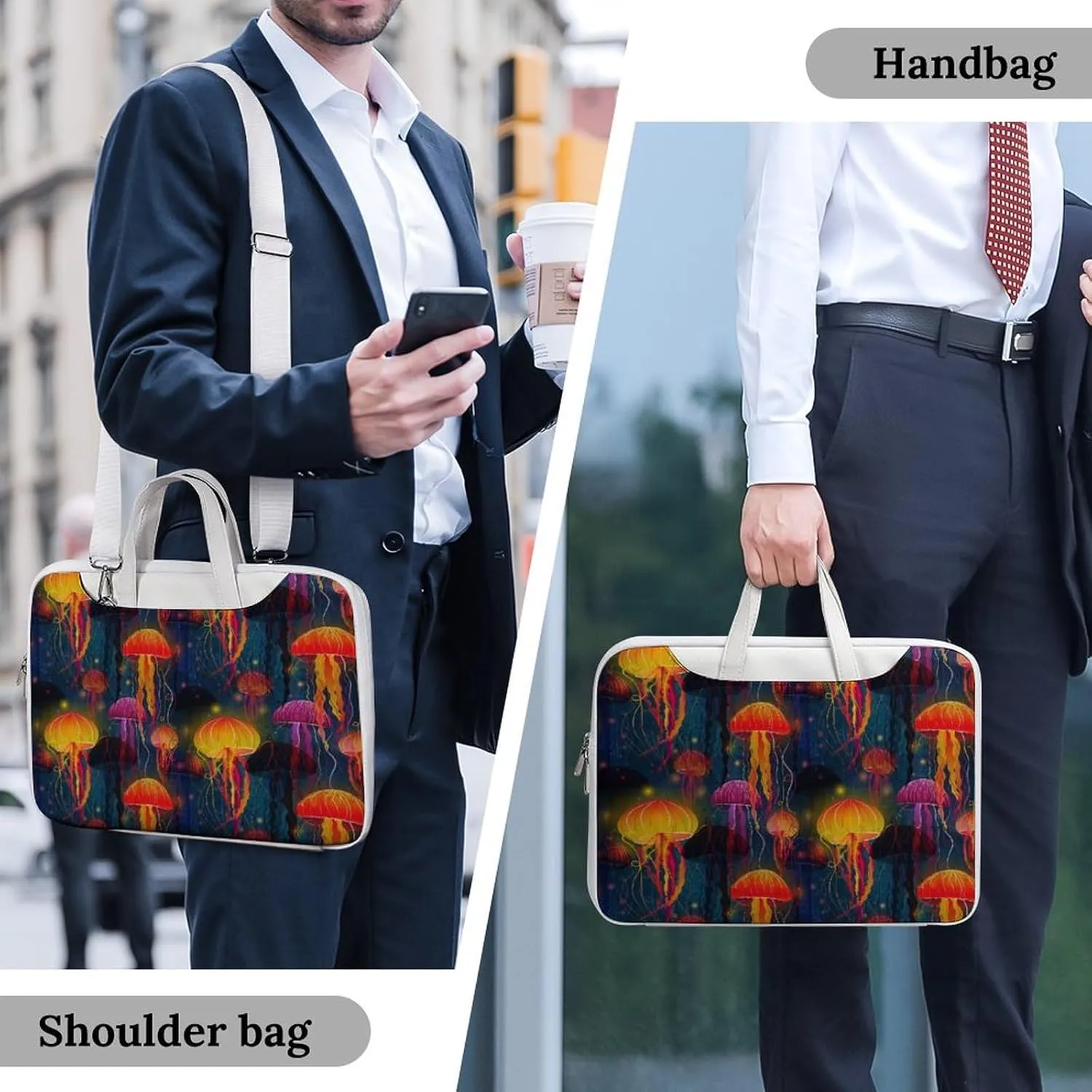 Colorful Jellyfish Pattern Leather Bag Laptop Case Slim Water Resistant Computer Bags with Handle Briefcase for Work