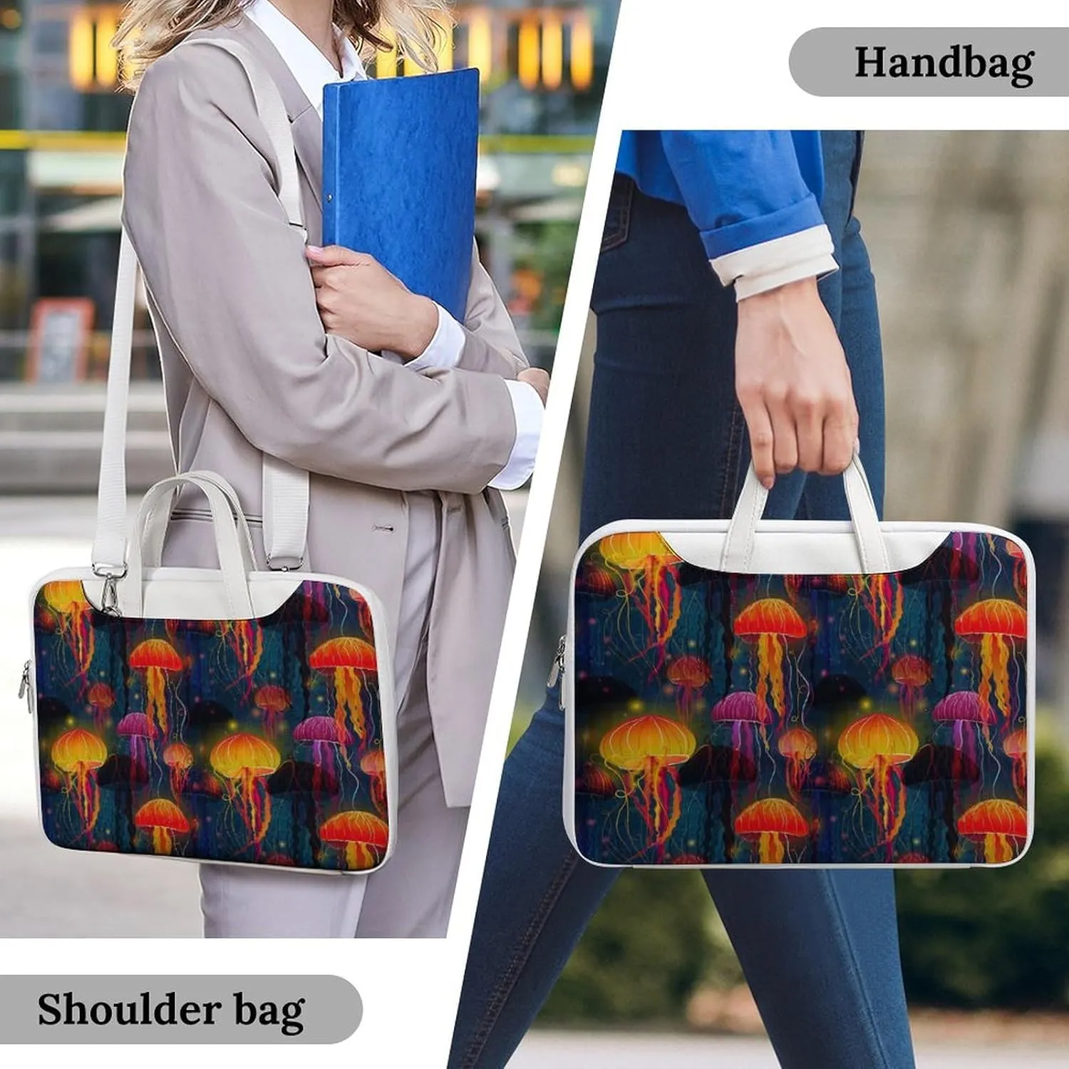 Colorful Jellyfish Pattern Leather Bag Laptop Case Slim Water Resistant Computer Bags with Handle Briefcase for Work