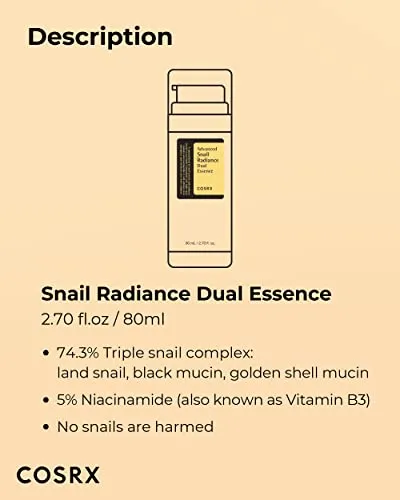 COSRX Niacinamide 5%   Snail Mucin 74% Dual Essence, Anti aging Face Serum for Dull Skin, Hydrating, Brightening, Repairing, 2.70 fl.oz / 80ml, Sensitive Skin, Not Tested on Animals, Korean Skincare