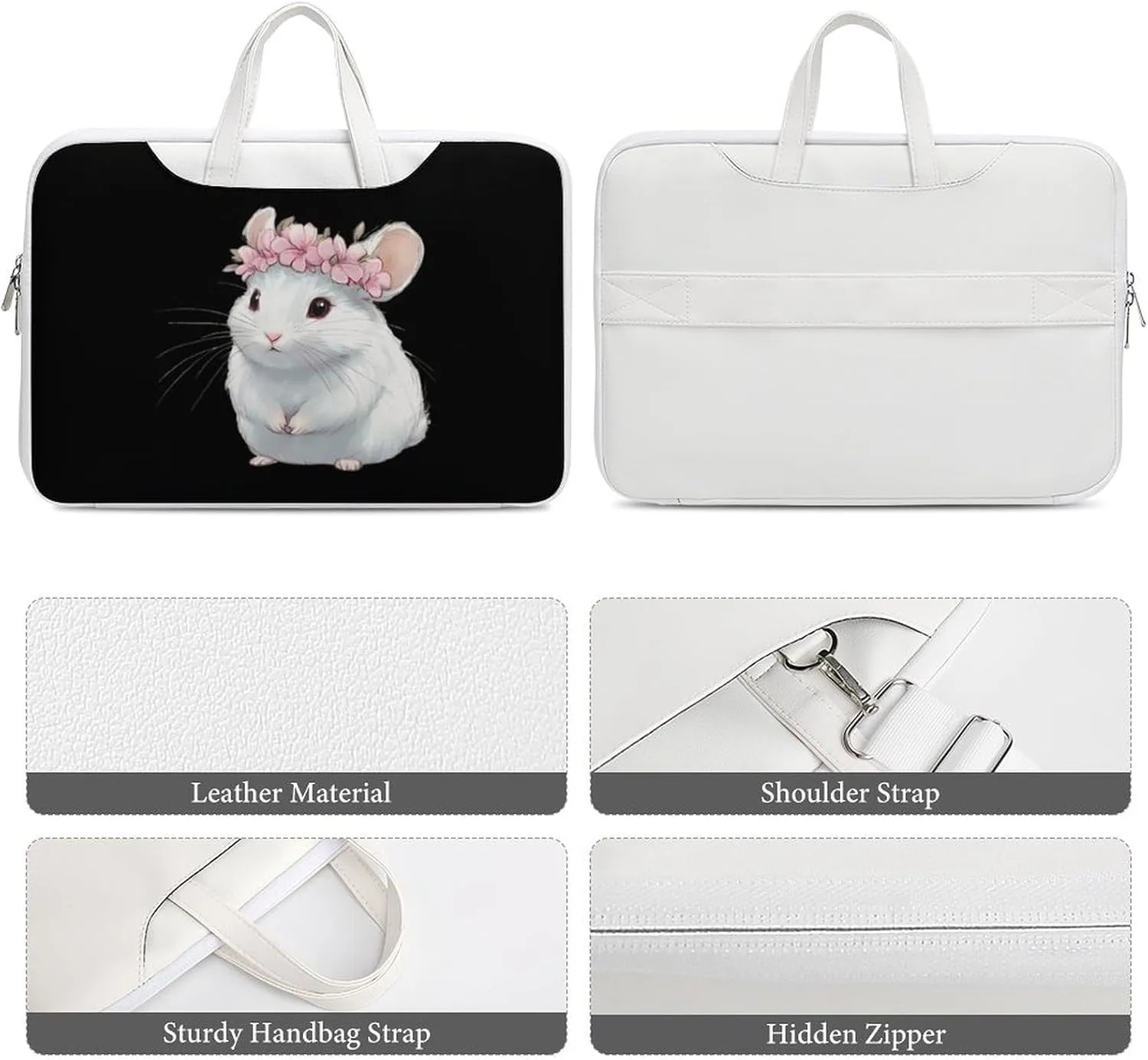 Cute Chinchilla With Flower Leather Bag Laptop Case Slim Water Resistant Computer Bags with Handle Briefcase for Work