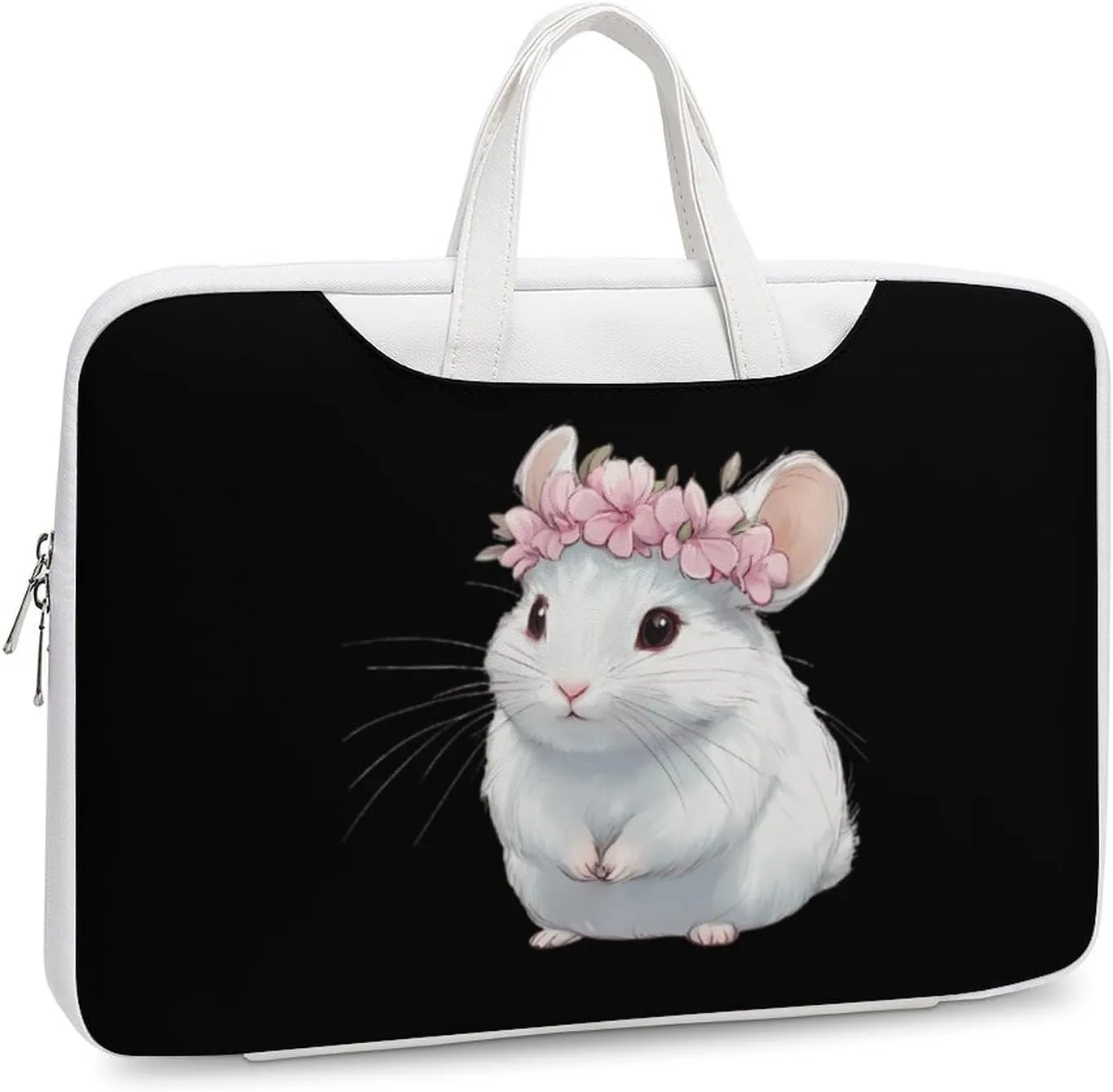 Cute Chinchilla With Flower Leather Bag Laptop Case Slim Water Resistant Computer Bags with Handle Briefcase for Work