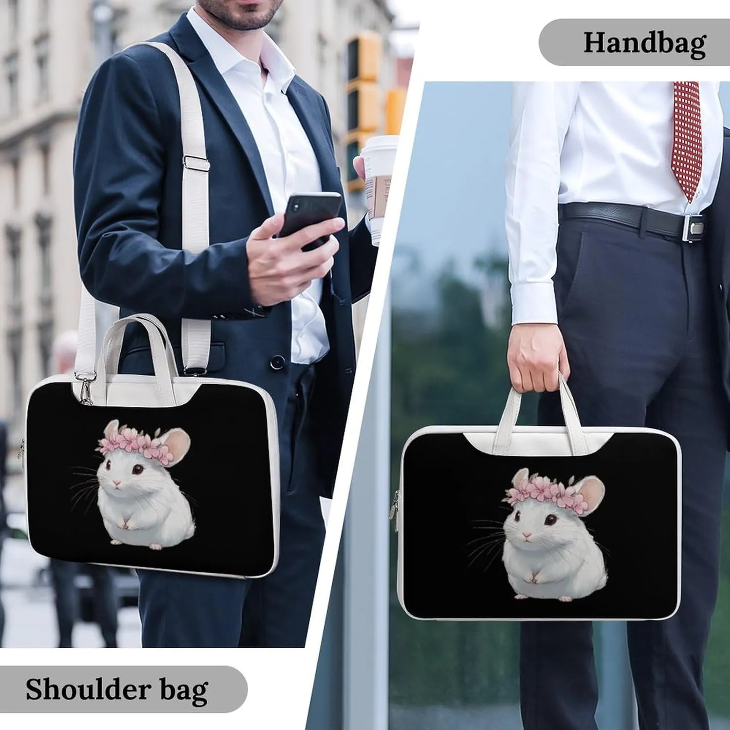 Cute Chinchilla With Flower Leather Bag Laptop Case Slim Water Resistant Computer Bags with Handle Briefcase for Work