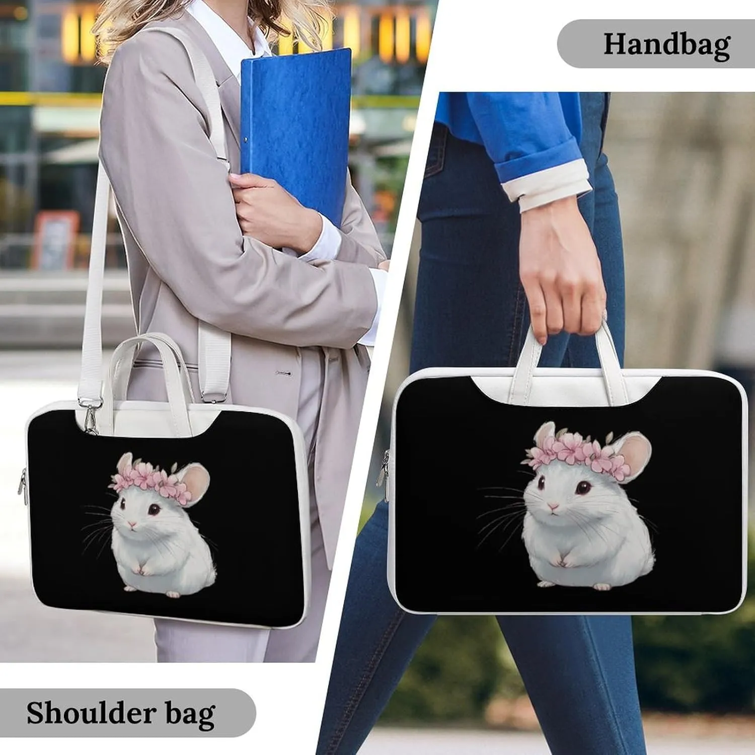 Cute Chinchilla With Flower Leather Bag Laptop Case Slim Water Resistant Computer Bags with Handle Briefcase for Work