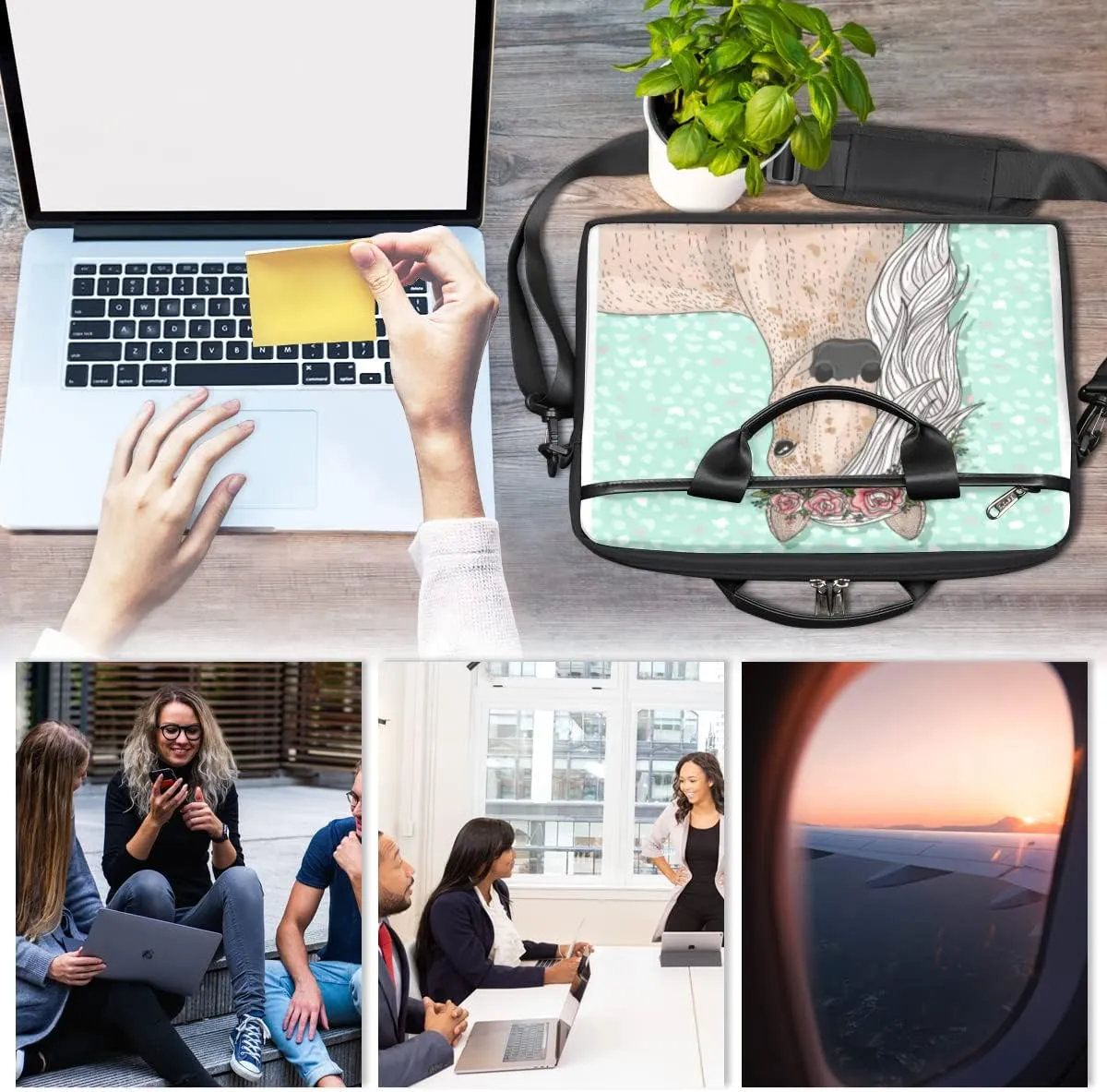 Cute Flower Horse Laptop Shoulder Messenger Bag Waterproof Laptop Briefcase with Handle and Padded Strap Case Sleeve