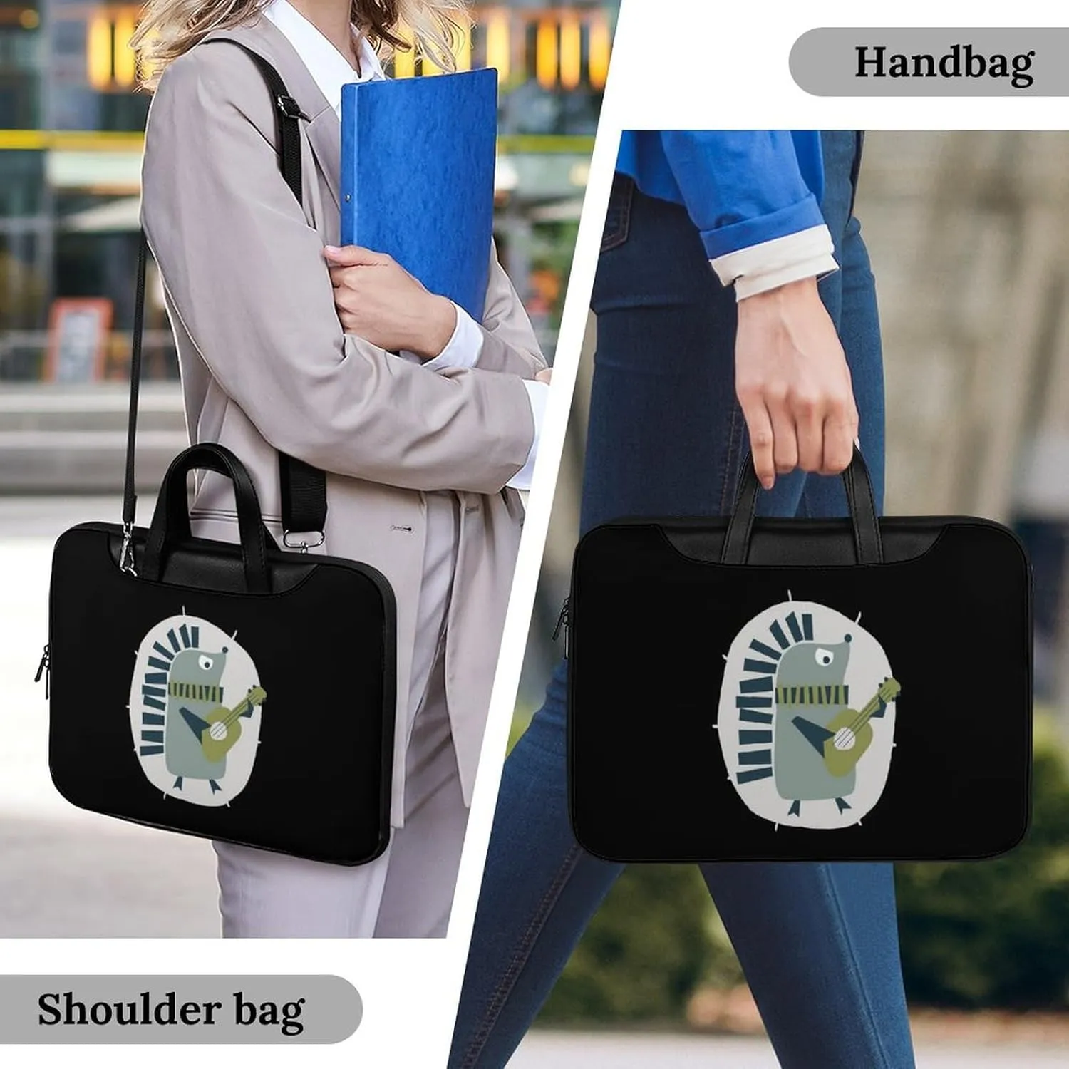 Cute Hedgehog Playing Guitar Leather Bag Laptop Case Slim Water Resistant Computer Bags with Handle Briefcase for Work