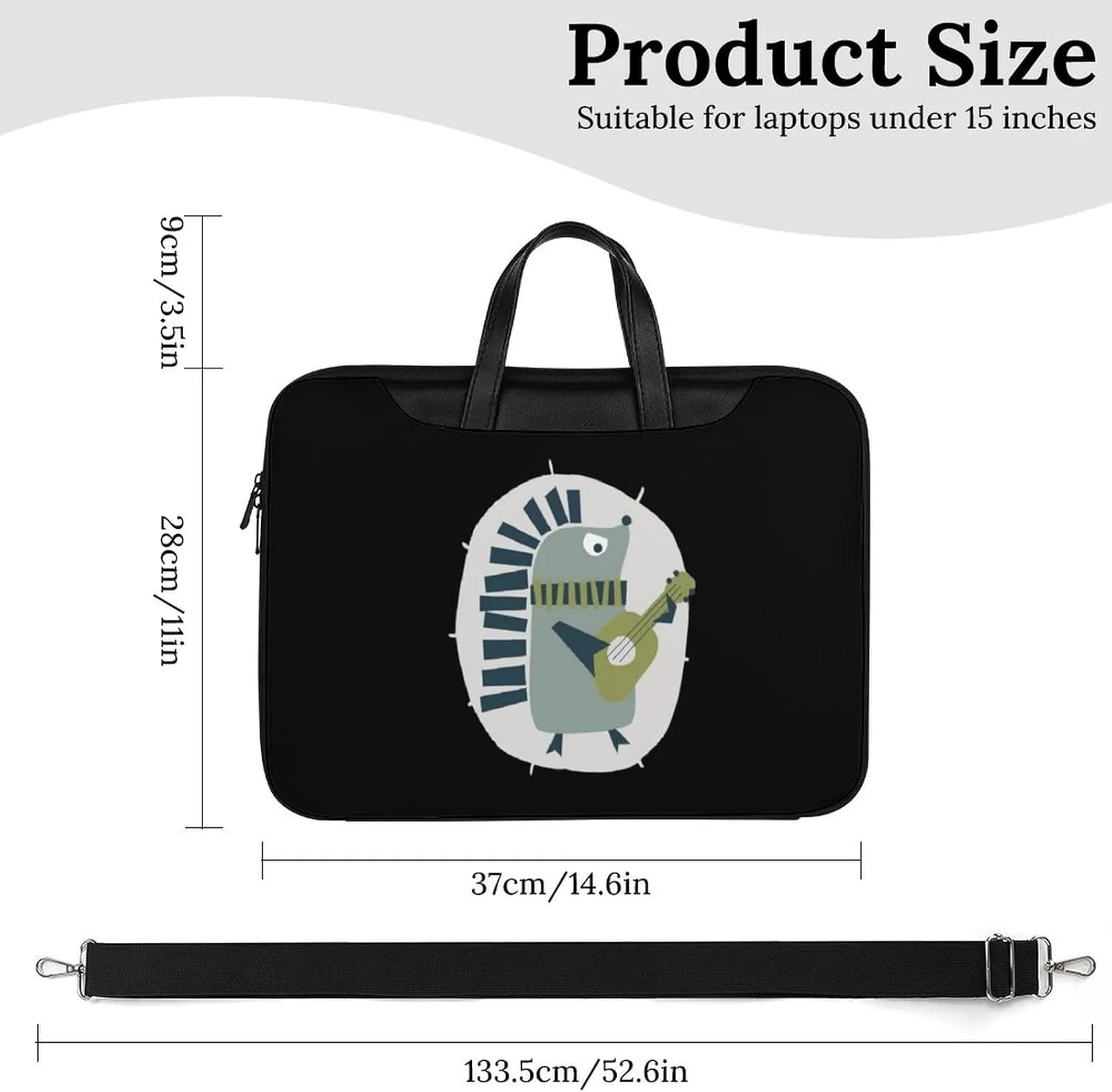 Cute Hedgehog Playing Guitar Leather Bag Laptop Case Slim Water Resistant Computer Bags with Handle Briefcase for Work