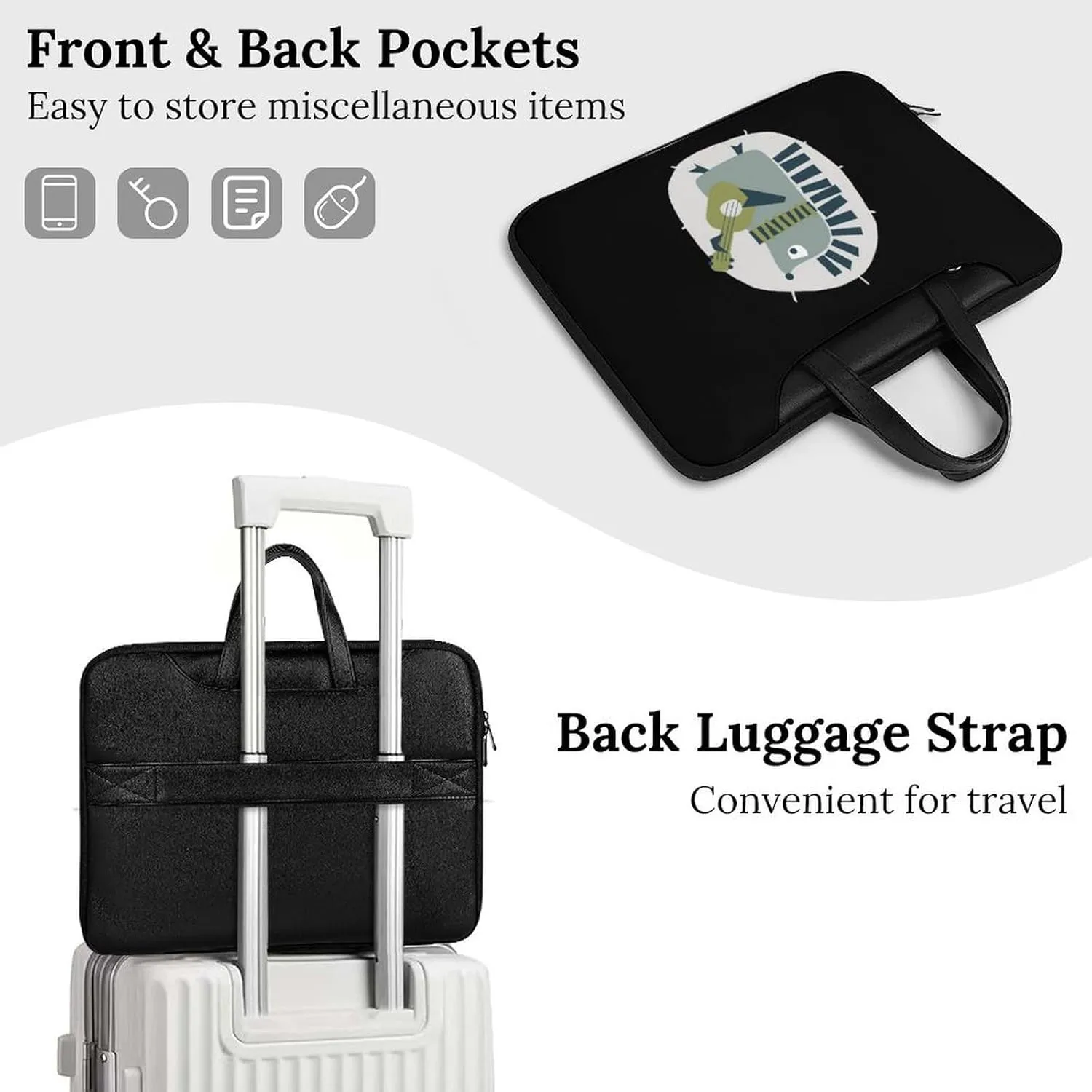 Cute Hedgehog Playing Guitar Leather Bag Laptop Case Slim Water Resistant Computer Bags with Handle Briefcase for Work