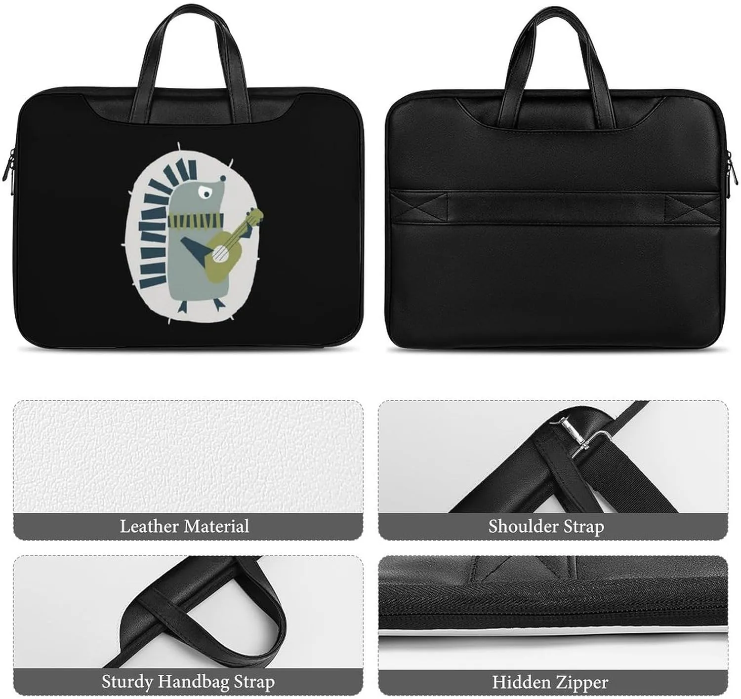 Cute Hedgehog Playing Guitar Leather Bag Laptop Case Slim Water Resistant Computer Bags with Handle Briefcase for Work