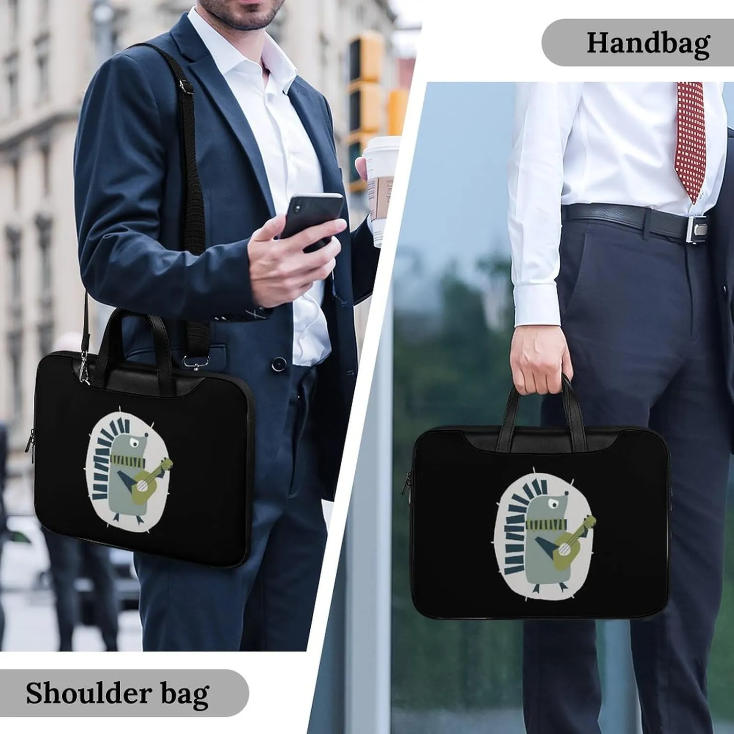 Cute Hedgehog Playing Guitar Leather Bag Laptop Case Slim Water Resistant Computer Bags with Handle Briefcase for Work