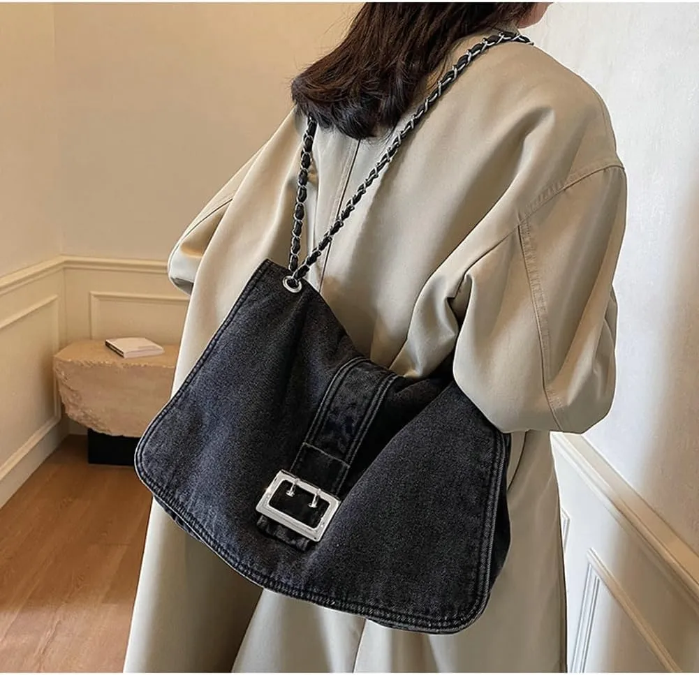 Denim Shoulder Purses for Women Jean Crossbody Bags Denim Tote Handbag with Chain Strap Y2k Denim Crescent Hobo Bags 2025